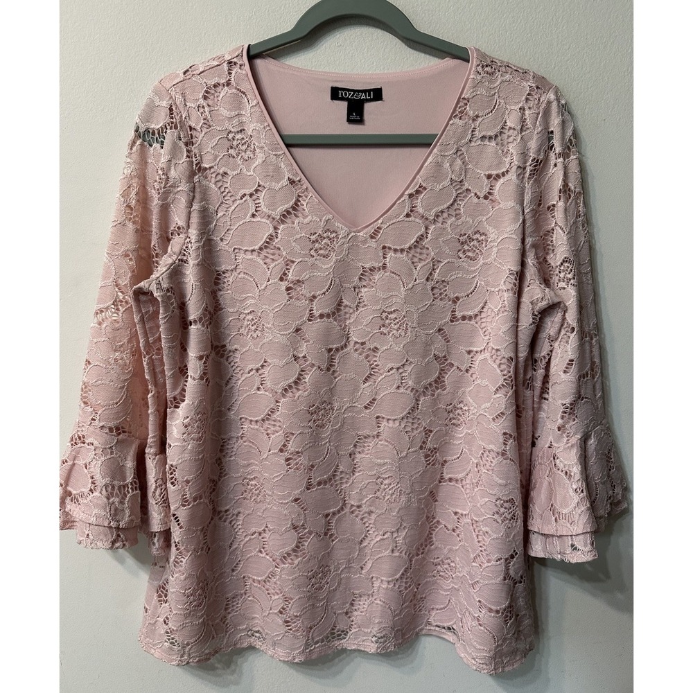 Roz & Ali Women L Light Pink Floral Lace V-Neck 3/4 Bell Sleeve Blouse Top Lined